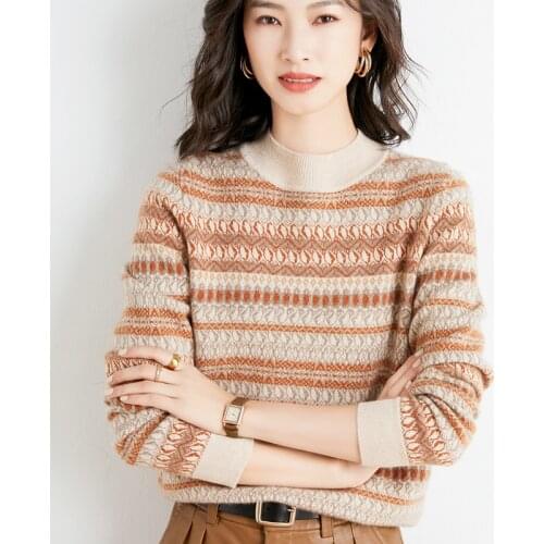 Fashion Cashmere Sweater Women High Collar Pullover Vintage Long Sleeve Sweaters Loose Knitted Winter Pullovers Female Print Top