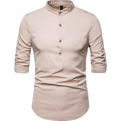 Mens Hipster Slim Roll-up Sleeve Henley Shirt 2018 Brand New Casual Button Down Dress Shirts for Business Man Camisa Masculina