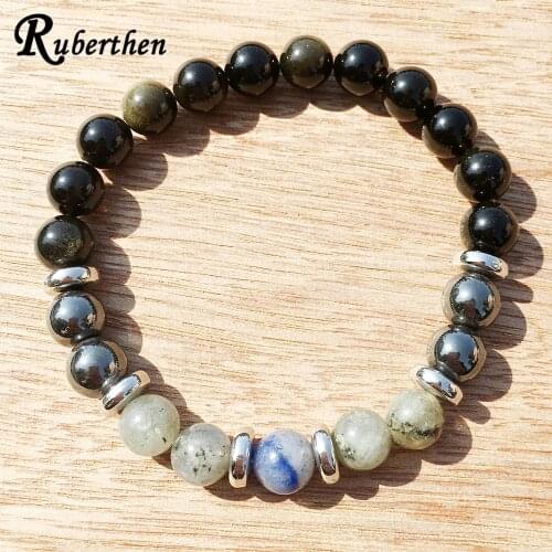 Ruberthen Men`s Gem Stone Negative Energy Protection Bracelet Blue Aventurine Hematite Labradorite Black Tourmaline Bracelet