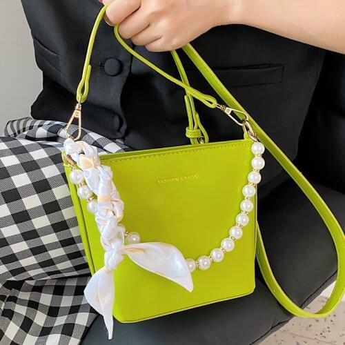 Simple Bucket Women Tote Crossbody Bags Casual Small Leather Shoulder Bags Silk Scarf Lady Messenger Bag Pearl Designer Handbags