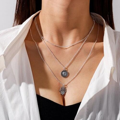 Lucky Fatima Hamsa Hand Necklaces for Women Crystal Pendant Jewelry Fashion Gold Silver Color Multi-Layer Chain Necklace