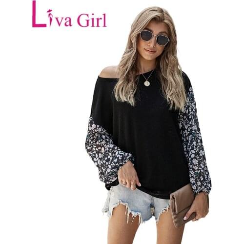 LIVA GIRL Woman Blossom Contrast Swiss Dot Knit Top 2021 Printed Chiffon Long Sleeve Patchwork Female Casual Loose Sweaters 2xl