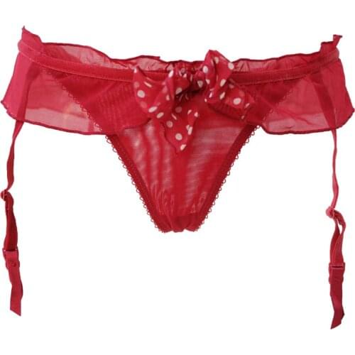 Wine Red Gauze Polka Dot Bow Removable Straps Women/female/lady Garter belts with Thong for Stocking Suspender Belt GA1011