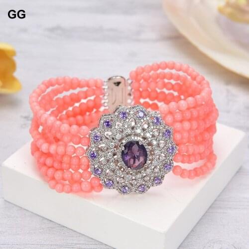GuaiGuai Jewelry 8" 8 Strands Pink Coral Bracelet CZ Connector
