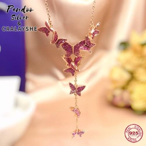 S925 Sterling Silver Jewelry 1:1 Copy,Y-shaped Pink Romantic Butterfly Dance Clavicle Necklace For Women Elegant Gift With Logo