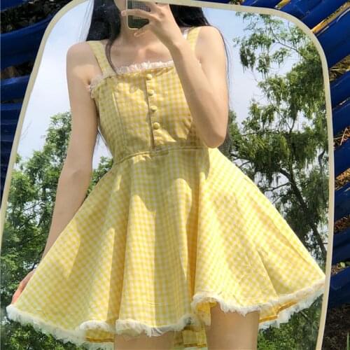 Yellow Plaid Slip Dress Holiday Lace Mesh Edge Design Sense A- line Sweet Dress Summer for Children kawaii dress kawaii dress