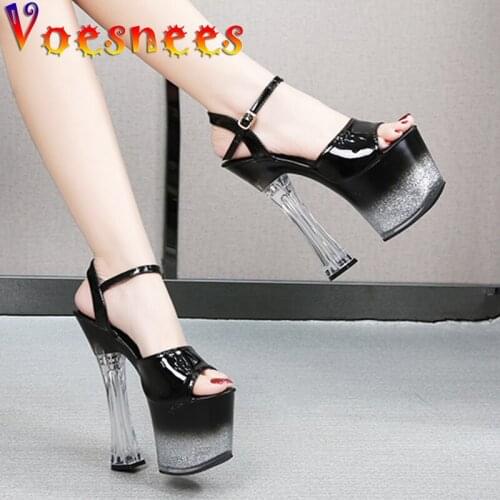 Voesnees New 2021 Women Shoes Fish Toe Red Sexy Super High Heels Sandals Model T Station 17CM Stage Catwalk Square Heel Sandals