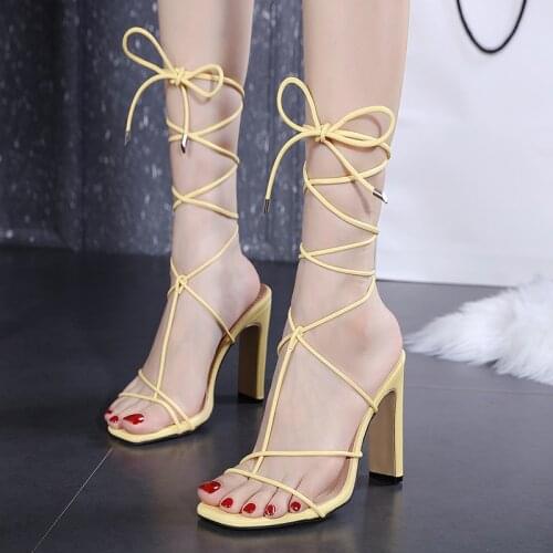 2021 Summer gladiator sandals women ankle cross strap high heels shoes women sandals square toe sexy party ladies shoes 40 41