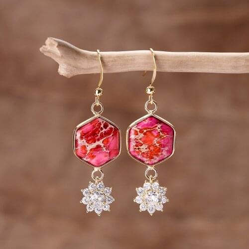 Zircon Flower Dangled Imperial Stones Hexagon Hook Female Earrings