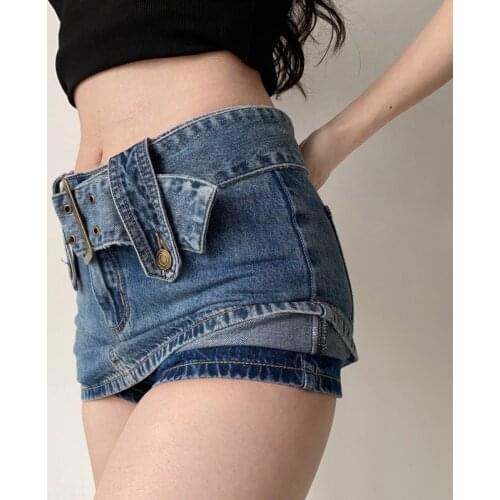 WOMENGAGA Hot Sexy Women Shorts Skorts Blue High Waist Denim Short Belt Korean Women Skinny Hip Ultrashort Shorts WQQ54