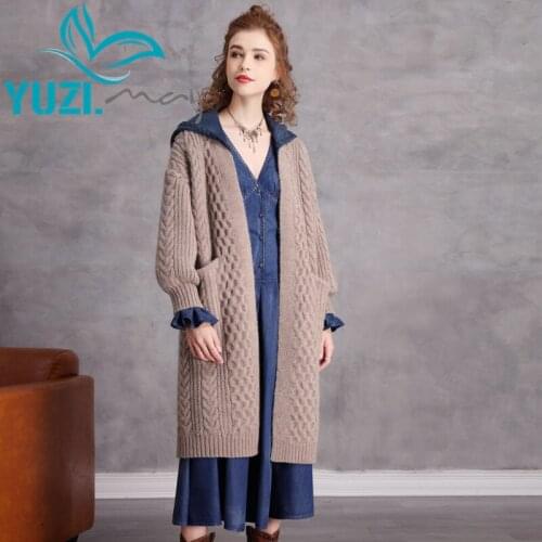 Woman Sweaters 2020 Yuzi.may Boho New Cotton Wool Women Cardigans Detachable Patchwork Denim Hooded Long Beige Sweater B9309