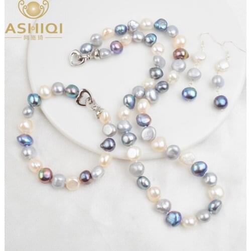 ASHIQI Natural Baroque Pearl Jewelry Sets for Women 9-10mm Freshwater Pearl NE+BR+EA