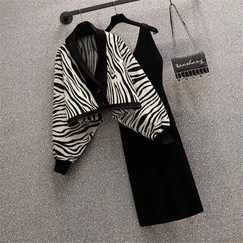 Casual Women Knit 2pcs Set Zebra Pattern Puff Sleeve Short Top Knitted Jacket +V-Neck Sleeveless Suspender Sweater Dress Korean