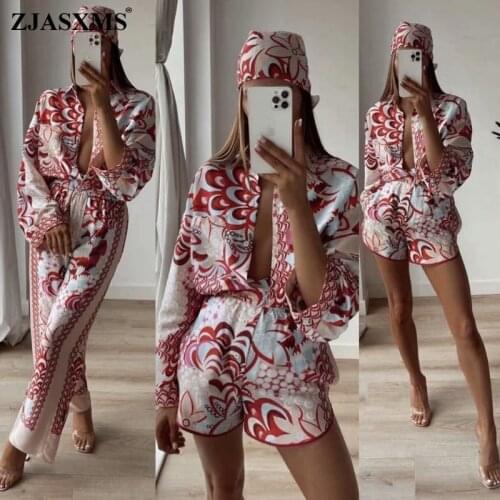 Indie Folk Print Vintage Set Women Turn-down Collar Button Blouse + Shorts Suit New Spring Autumn Long Sleeve Outfits With Scarf