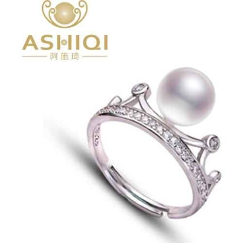 ASHIQI High Quality Genuine 925 Sterling Silver Crown Ring Natural freshwater pearl Ring for Women Resizable Engagement jewelry