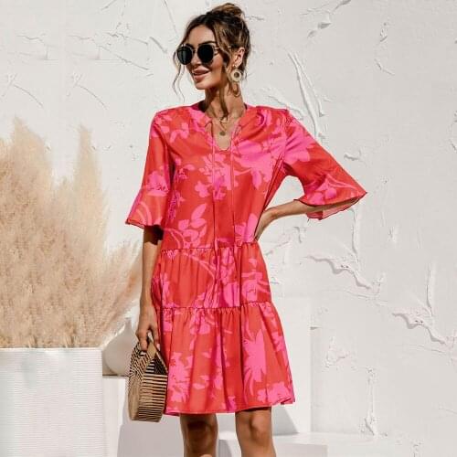 Womens Summer Dress Fashion Printed V Neck Casual Loose Flare Sleeve Ruffled Ladies Cake Dress 2021 Woman Beach Vacation Dress