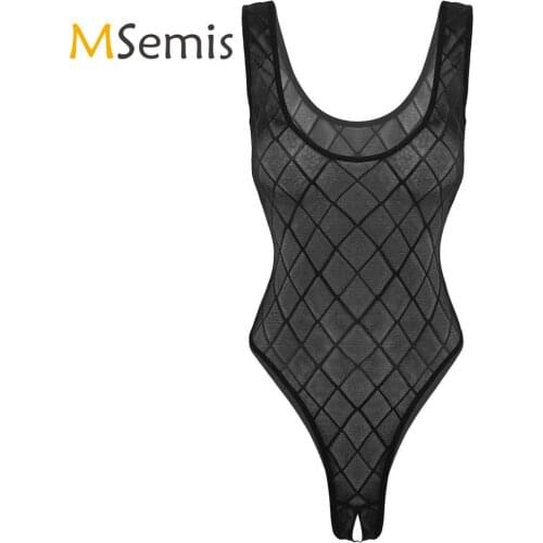Womens Lingerie Crotchless Thong Leotard Bodysuit See Through Sheer Mesh Deep U Neck Sleeveless One-piece High Cut Nightwear