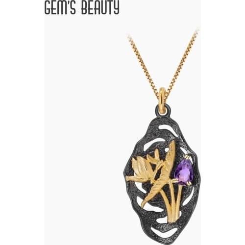 GEMS BEAUTY 925 Sterling Silver 18K Gold Filled Necklace Flower Dragonfly Handmade With Natural Amethyst For Women Necklace