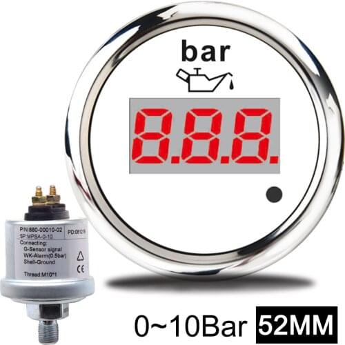52mm Digital Oil Pressure Gauge with Alarm 0-10bar Car Engine Oil Pressure Meter Press Sensor M10 12V 24V for Auto Boat Truck