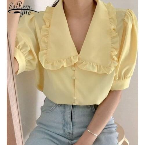 Blouse Women Sweet Solid Peter Pan Collar Short Sleeve Ladies Blusa Shirts Spring Summer2021 Fashion Casual Female Tops 10196