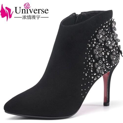 Universe elegant crystal flower decorated thin heel ankle boots women winter boots suede leather shoes G330