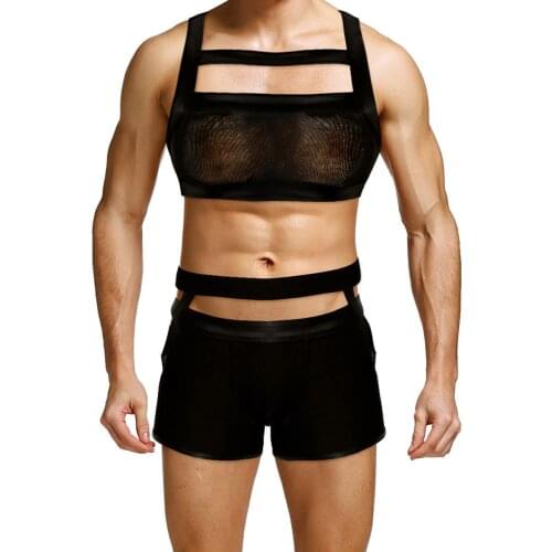 Black MensImitation Leather Mesh Lingerie Suit Shoulder Braces Belt Suspenders Harness Belt Body Strap Harness Lingerie Set