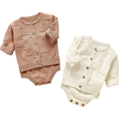 Baby Knit Set Spring Autumn Infant Baby Girls Knit Long Sleeve Coat + Braces Rompers Clothing Sets Kids Girl Suit Clothes 0-3Yrs