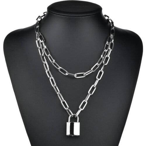 Double layer Heart Round Lock Chain necklace punk Sweater Long chain neck pendant necklace women fashion gothic jewelry