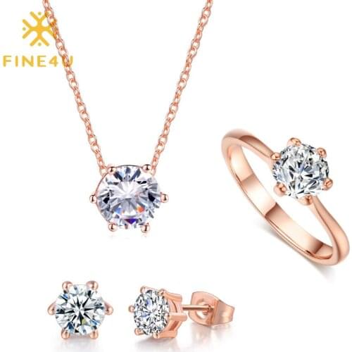 F4U J009 3pcs Bridal Wedding Jewelry Sets Cubic Zirconia Necklace Earrings Ring Sets for Women Gift