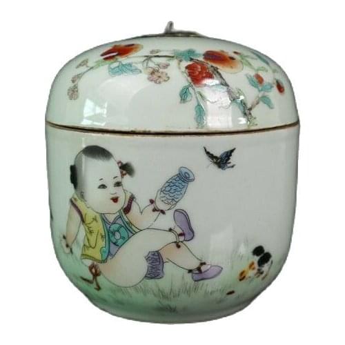 Chinese old porcelain Pastel Baby Play Figure pattern cans Receiving Tank Cover can