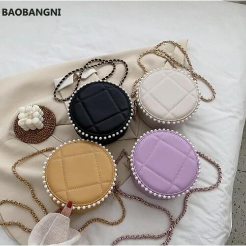 Plaid Pearl Round Crossbody Bag 2020 Fashion New High-quality PU Leather Womens Designer Handbag Chain Shoulder Messenger Bag