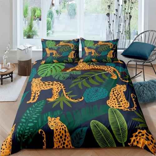3pcs Leopard Pattern Bedding Set High Quality Duvet Cover Animal Green Leaves Kids Comforter Soft Twin Single Queen King Size
