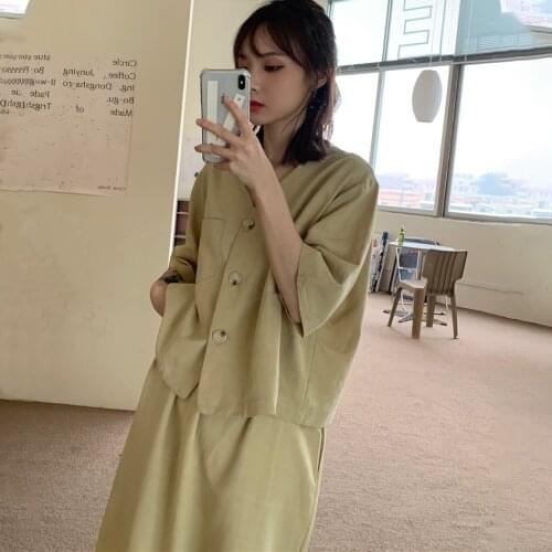 2021 New Women Summer Cotton Linen Two Piece Set V Neck Single Breasted Shirt Jacket & Elastic High Waist A-line Long Skirt