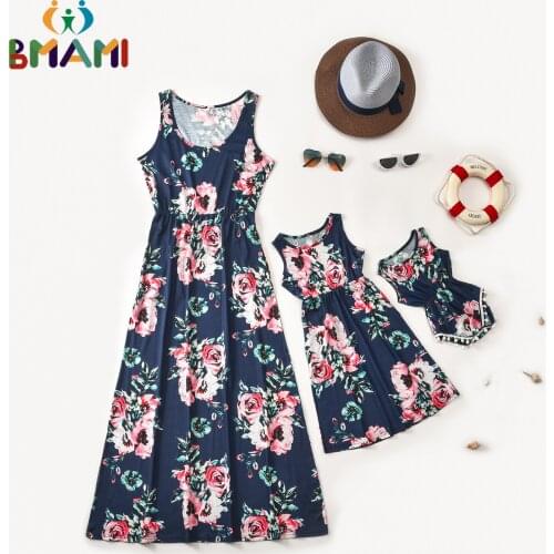 Summer Family Clothes Mother And Daughter Dress Girls Dress Baby Girls Romper Flower Printing Mom Daughter Matching Dress