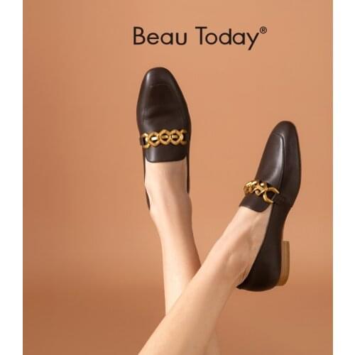 BeauToday Loafers Women Genuine Cow Leather Slip-on Metal Chain Decoration Square Toe Ladies Flats Shoes Handmade 27469