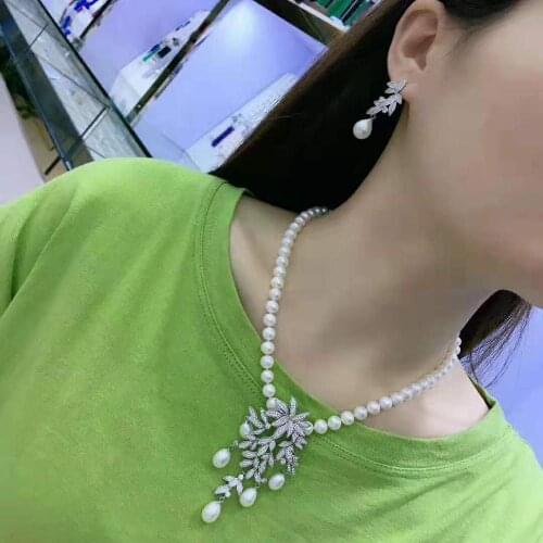 Micro inlay leaves zircon clasp accessory Luxury 8-9mm white freshwater pearl earrings necklace set fashion jewelry