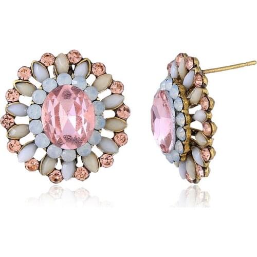 Fashion Pink Crystal Stone White Opal Rhinestone Oval Earrings for Women Girl Geometric Earrings