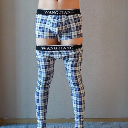 2PCS Men Long Johns+Boxer Shorts Sets Plaid Male Trunk Leggings Printed Sexy Underwear Pajamas Sleep Bottoms Panties Plus Size
