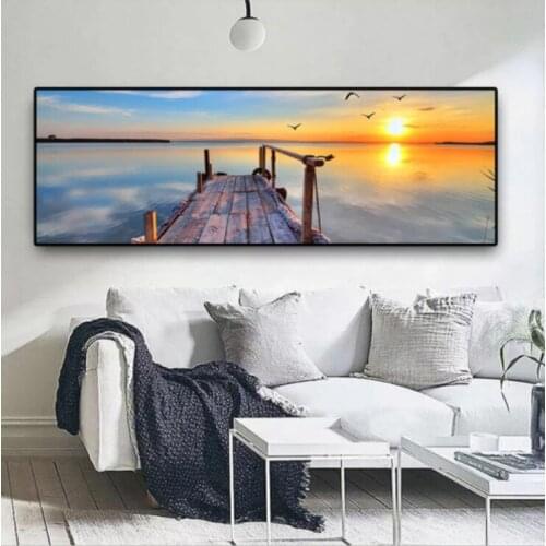 Natural Blue Sea Sky Wooden Bridge Sunset Landscape Wall Art Pictures Painting Wall Art for Living Room Home Decor (No Frame)