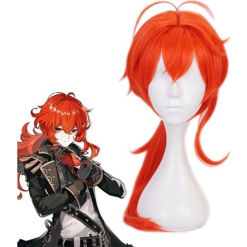 Game Genshin Impact Diluc Ragnvindr Orange Red Long Wig Cosplay Costume Heat Resistant Hair Men Women Carnival Party Wigs