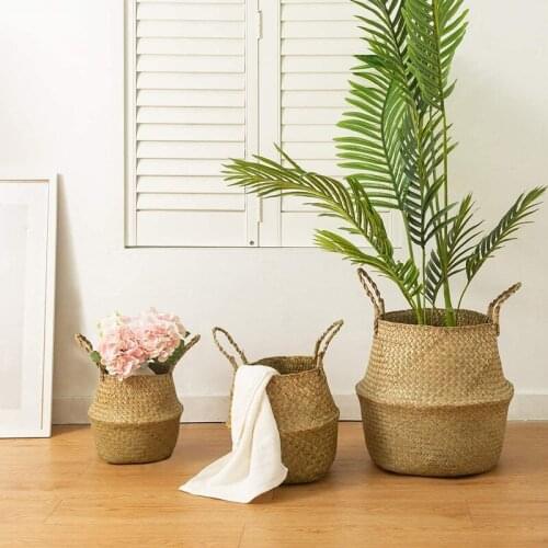 Natural Seagrass Woven Storage Basket Foldable Laundry Plant Pot Garden Flowers Vase Household Wicker Flower Basket with Handle