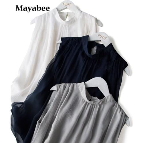 Pleated Silk Sleeveless T-Shirt Ladies Sexy Mulberry Silk Solid Color Stand-Up Collar Vest Top 2021 Summer New Products