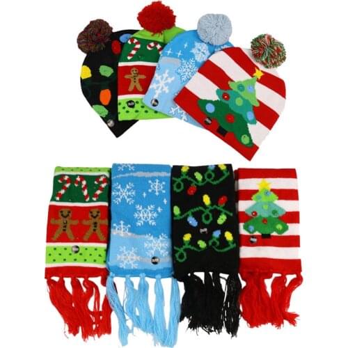 Christmas Hats with LED Light Soft Knitted Hat+Scarf Set Santa Snowman Reindeer Christmas Hat Adult Kids Xmas Party Cap U3