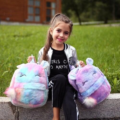 Cartoon Kids Plush Backpacks Mini Soft Preppy Style School Bag Children Rainbow Fur Unicorn Backpack Women Cute Zipper Backpack