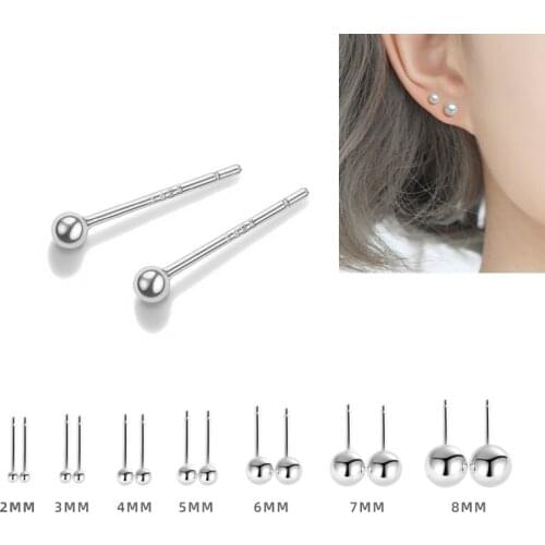ZS 100% Sterling 925 Silver Ball Stud Earrings For Women Girls Smooth Round Earrings Simple Ear Helix Piercing Silver Jewelry