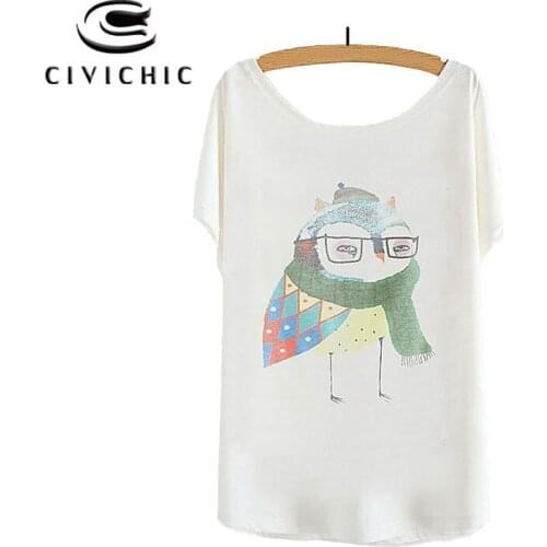 CIVI CHIC Girl Summer Lovely T Shirt Women Cute Owl Print Tees O Neck Loose Tops Shirt One Size Bat Sleeves Casual T-shirt WST66