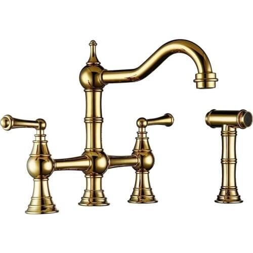 European style hot and cold kitchen faucet solid brass bridge style two-handle swivel sink faucet with pull-out spray gun