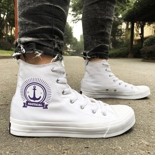 Wen Adult Design Anchor Nautical Sign White High Top Flats Shoes Men Women Canvas Sneakers Boy Girls Skateboarding Shoes