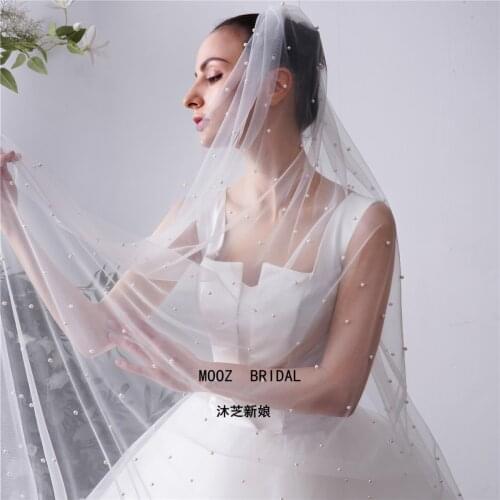 Pearls White Ivory Long Bridal With Comb One Layer Cathedral Wedding Veils Velos De Noiva Crystal Beads 3Meters