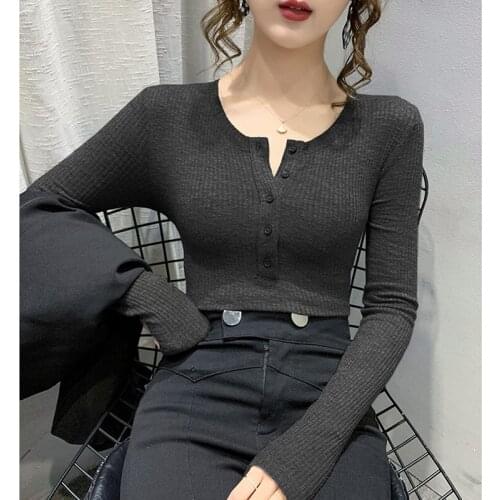 Harteen Long Sleeve O Neck Tshirt Women Black White Ribbed Skinny Slim Basic Cotton Vintage Casual Tee Shirt Female Tops Autumn